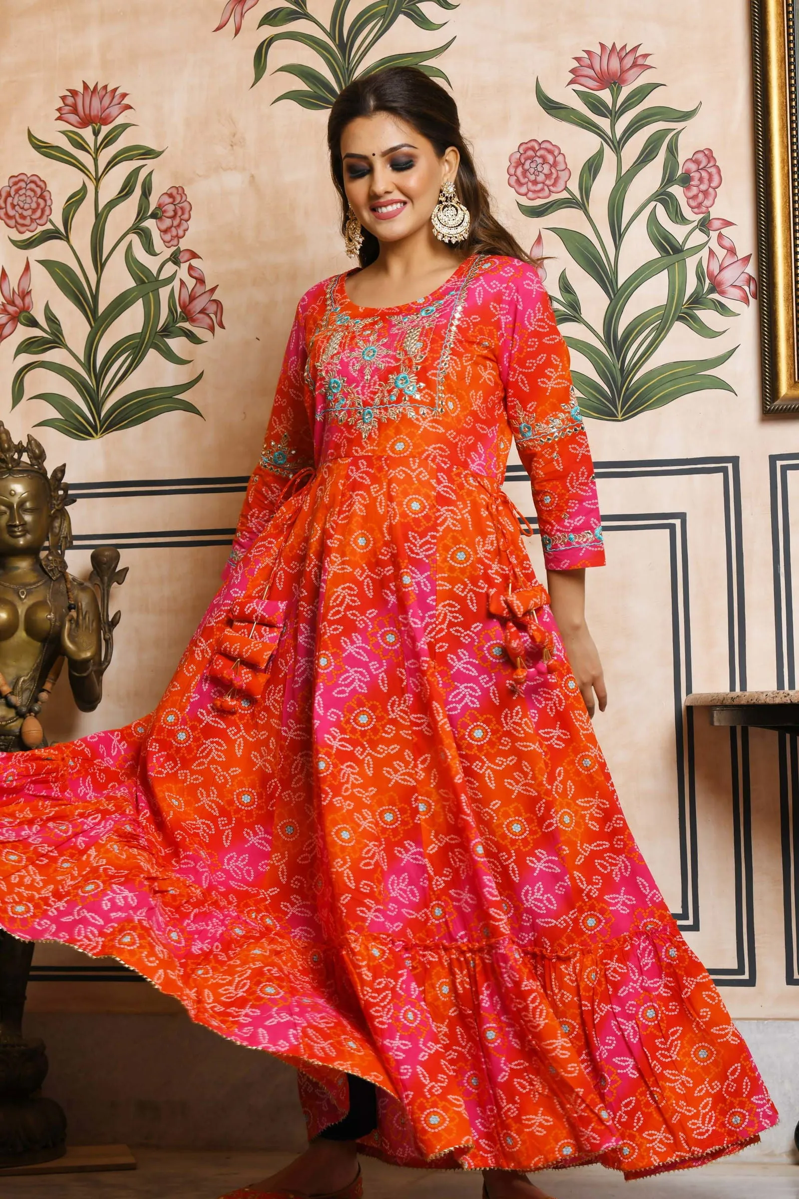 Orange Bandhani Print Ethnic Gown (pack of 1)