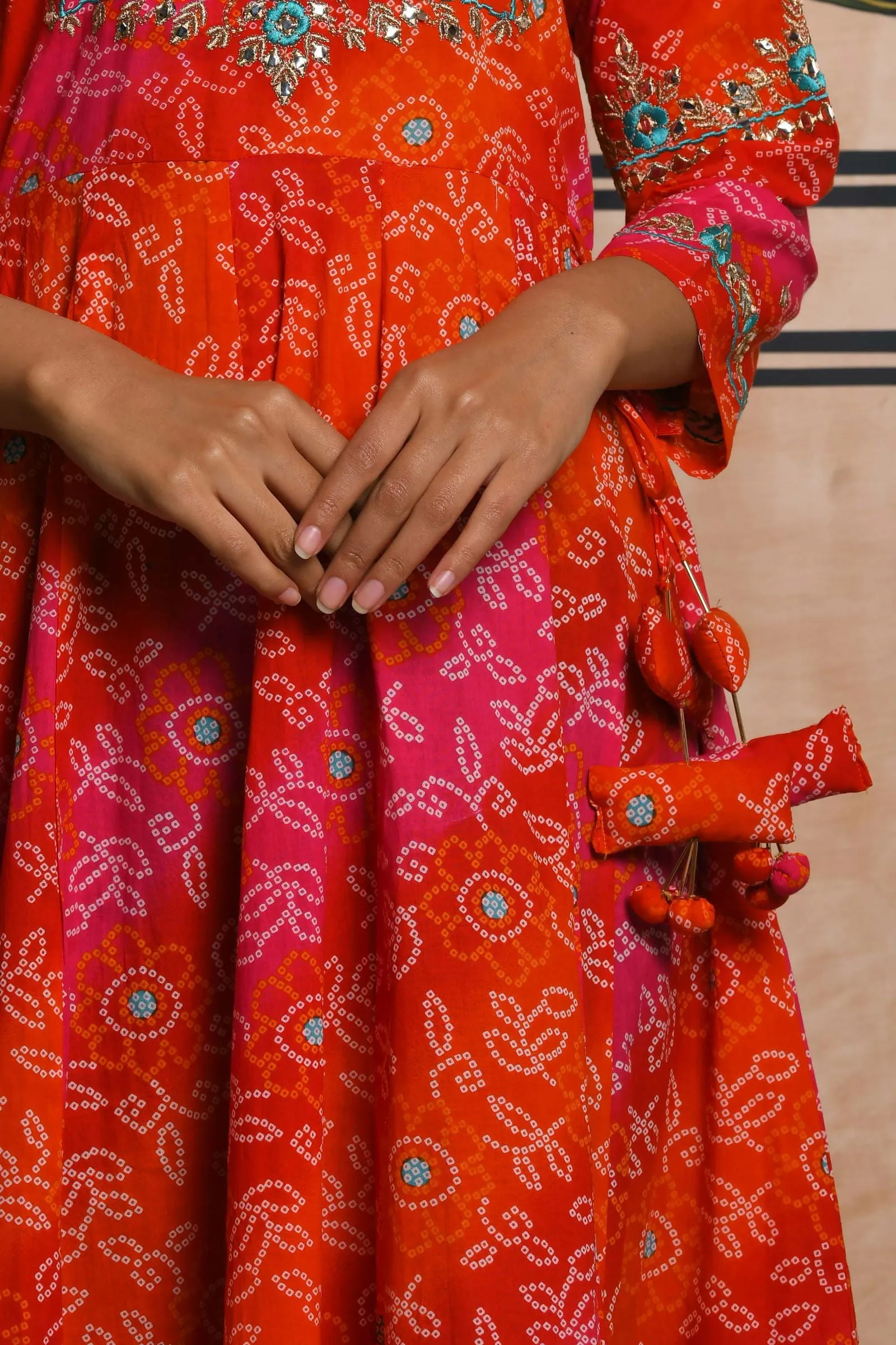 Orange Bandhani Print Ethnic Gown (pack of 1)