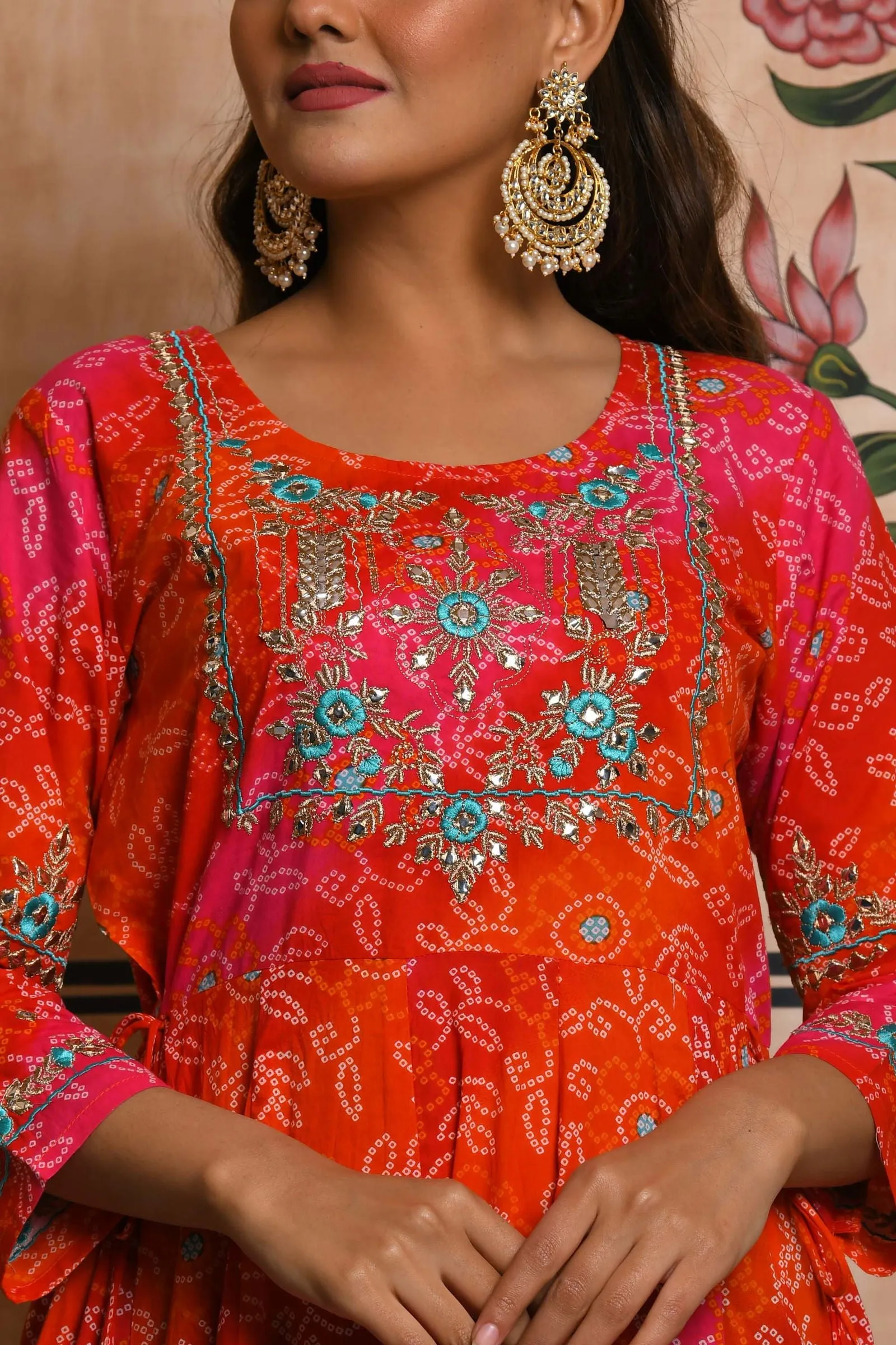 Orange Bandhani Print Ethnic Gown (pack of 1)