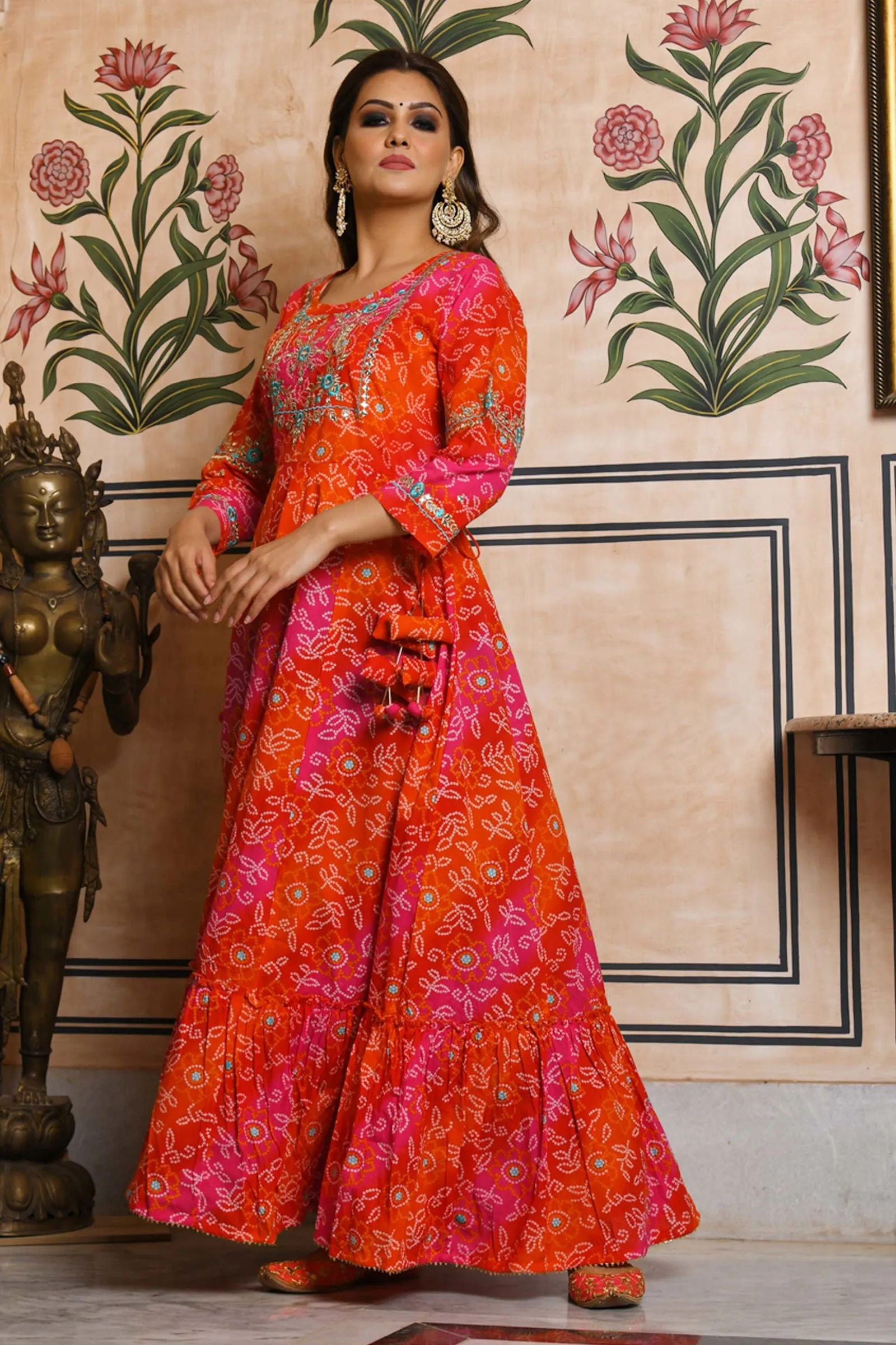 Orange Bandhani Print Ethnic Gown (pack of 1)