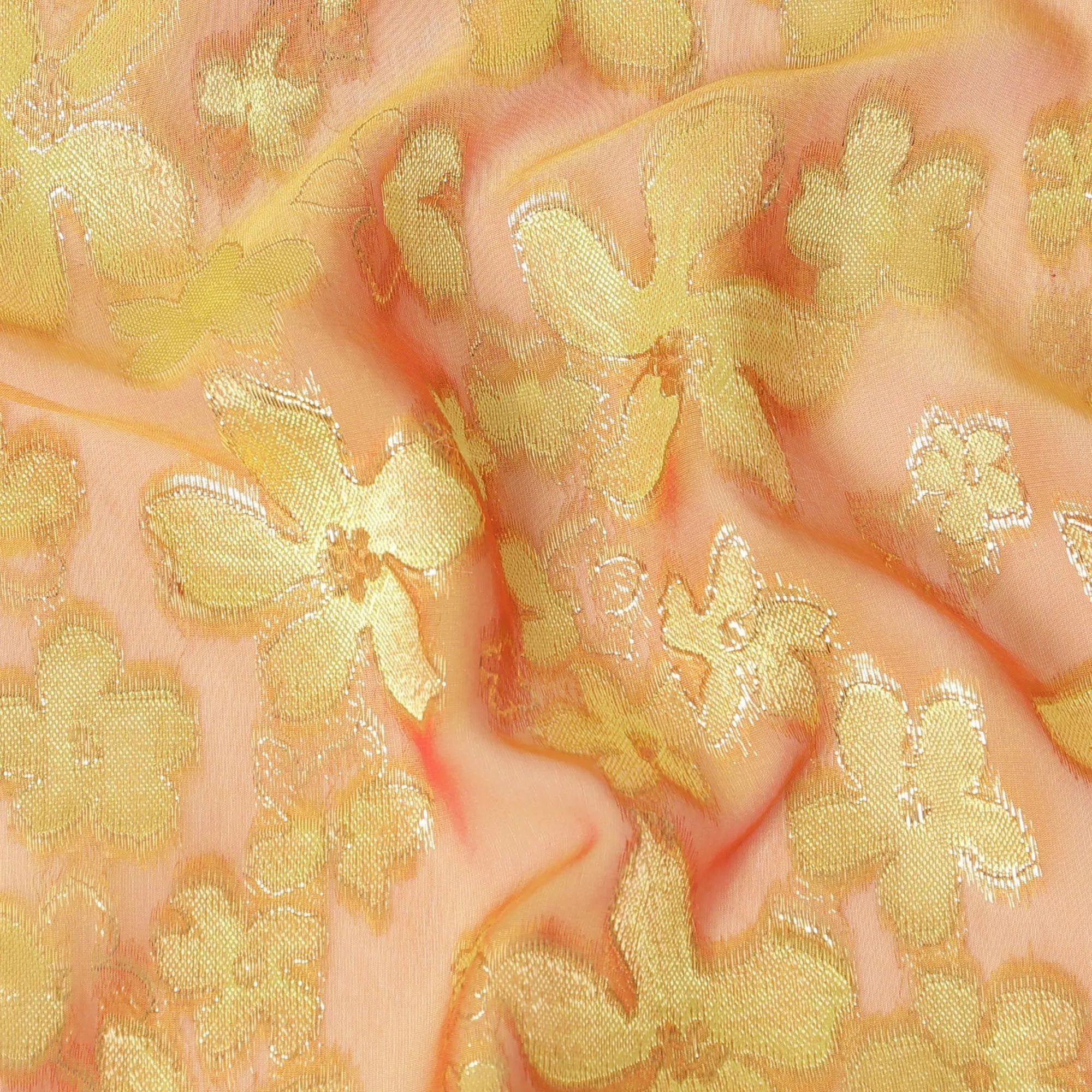Orange Premium pure changent silk chiffon fabric sage green viscose having gold metallic lurex in floral design-D14647