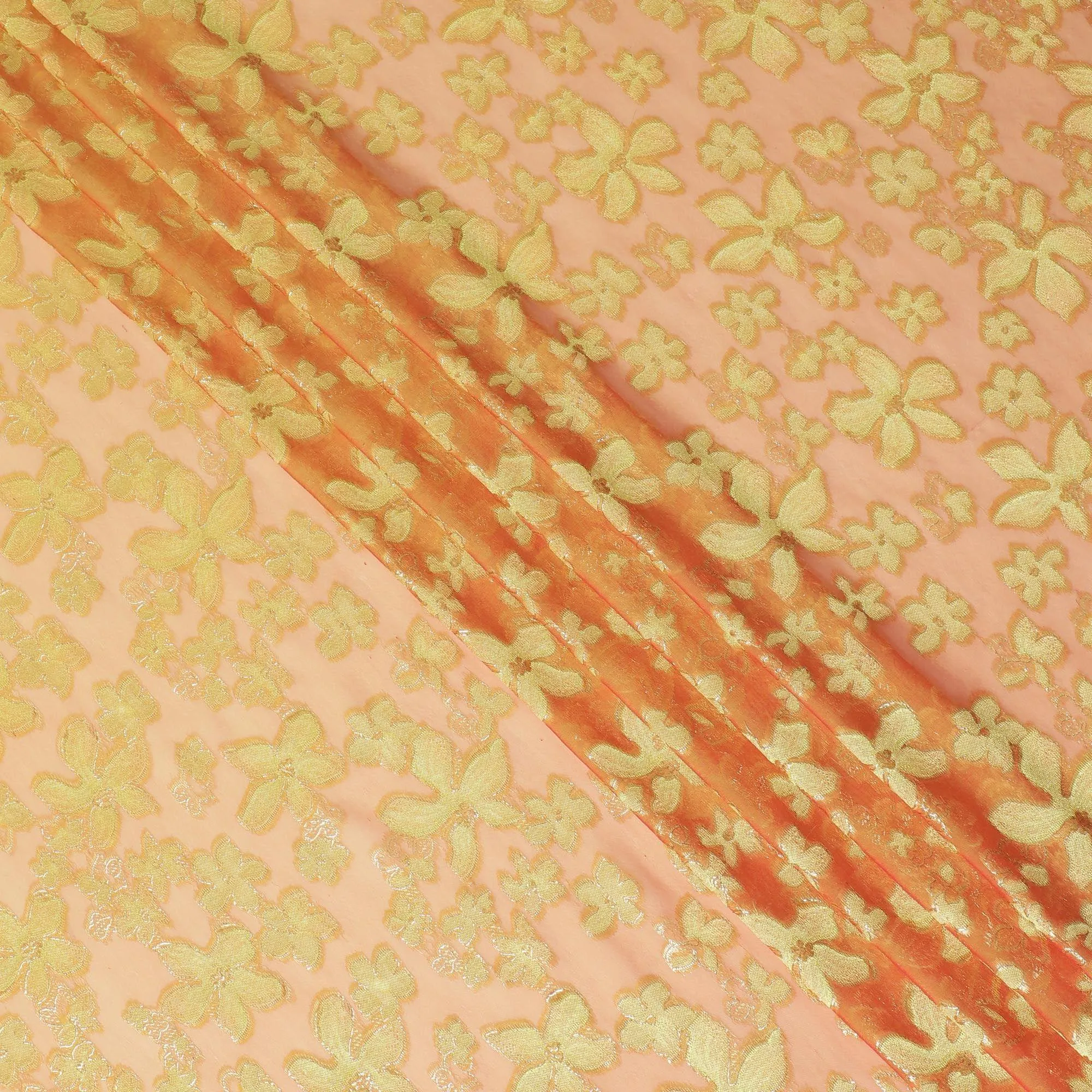 Orange Premium pure changent silk chiffon fabric sage green viscose having gold metallic lurex in floral design-D14647
