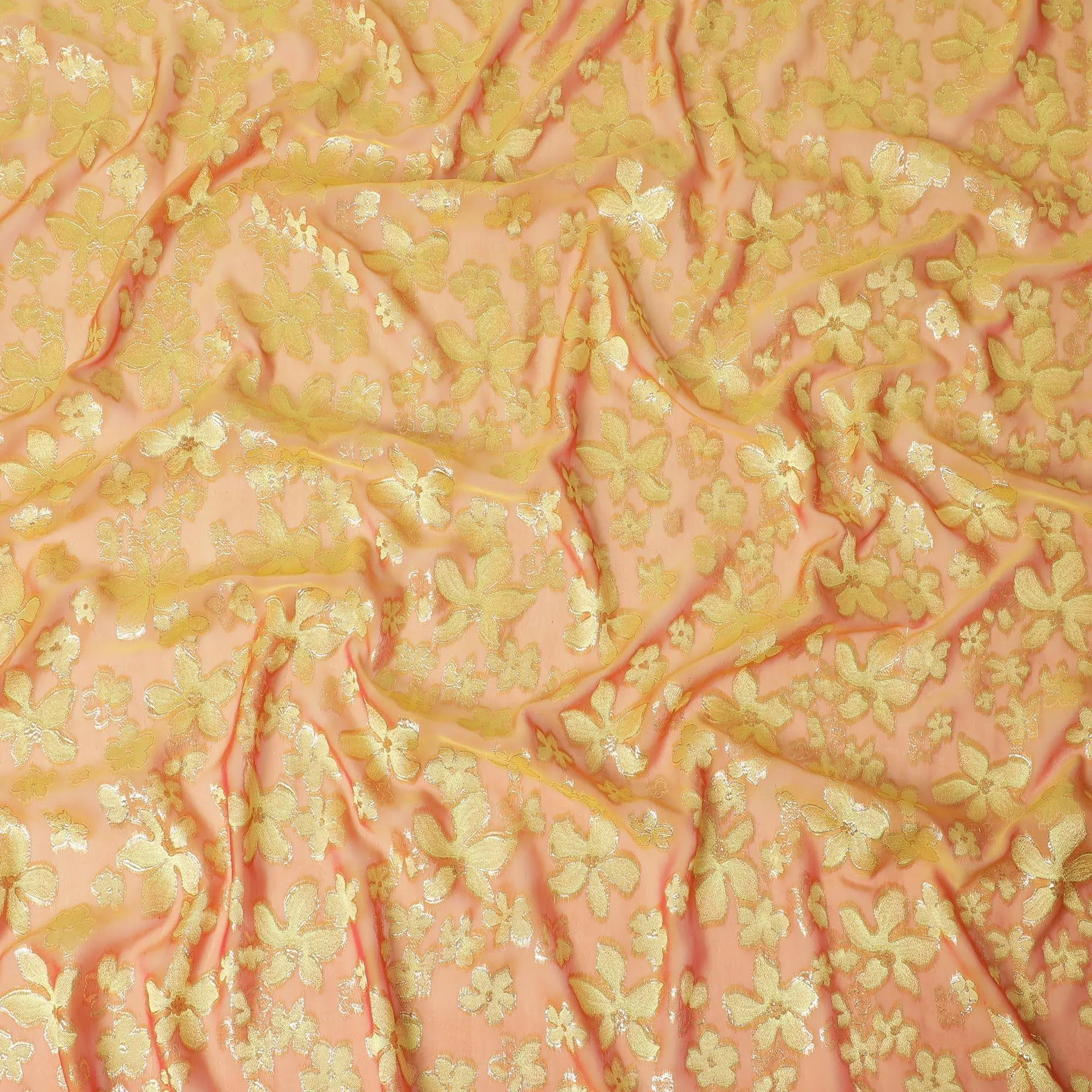 Orange Premium pure changent silk chiffon fabric sage green viscose having gold metallic lurex in floral design-D14647