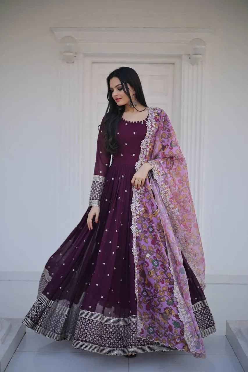 Outstanding Faux Georgette Zari Sequins Worked  Gown