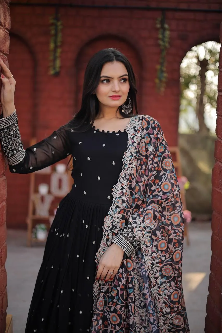 Outstanding Faux Georgette Zari Sequins Worked  Gown