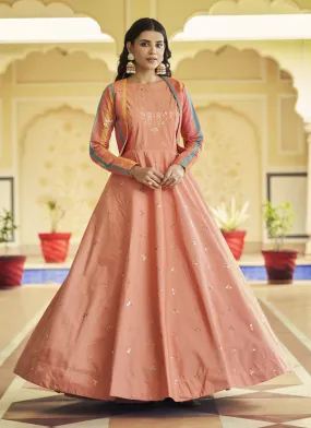 Peach Cotton Embroidered Gown with Jacket