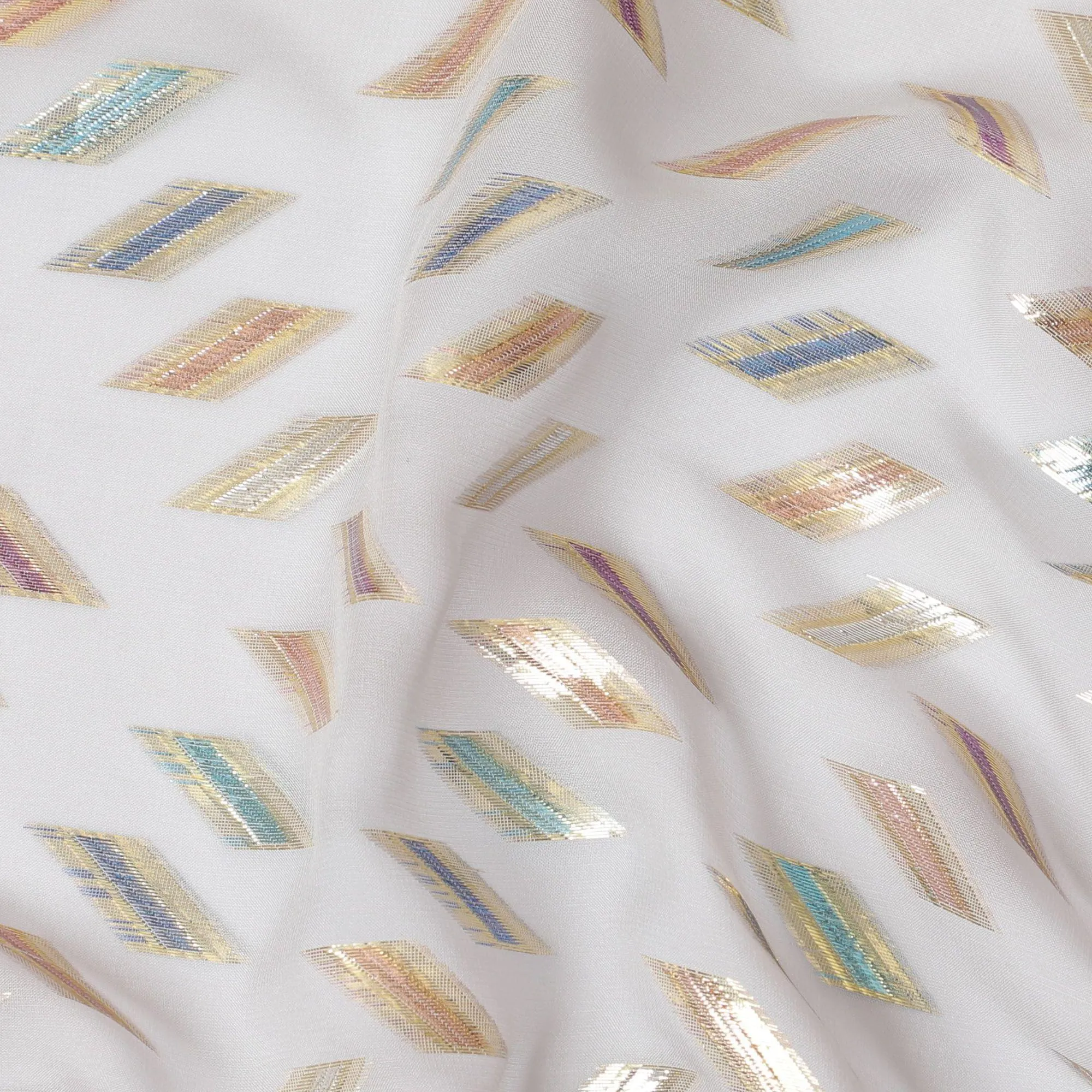Pearl grey Premium pure silk chiffon fabric with multicolor metallic lurex in geometric design-D13140
