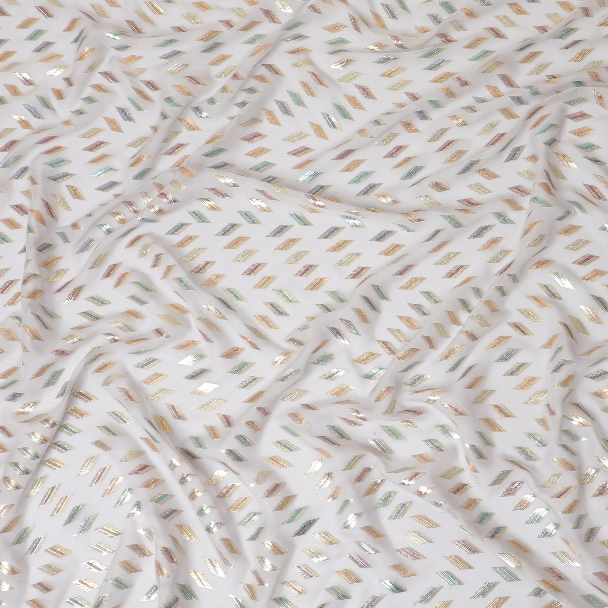 Pearl grey Premium pure silk chiffon fabric with multicolor metallic lurex in geometric design-D13140