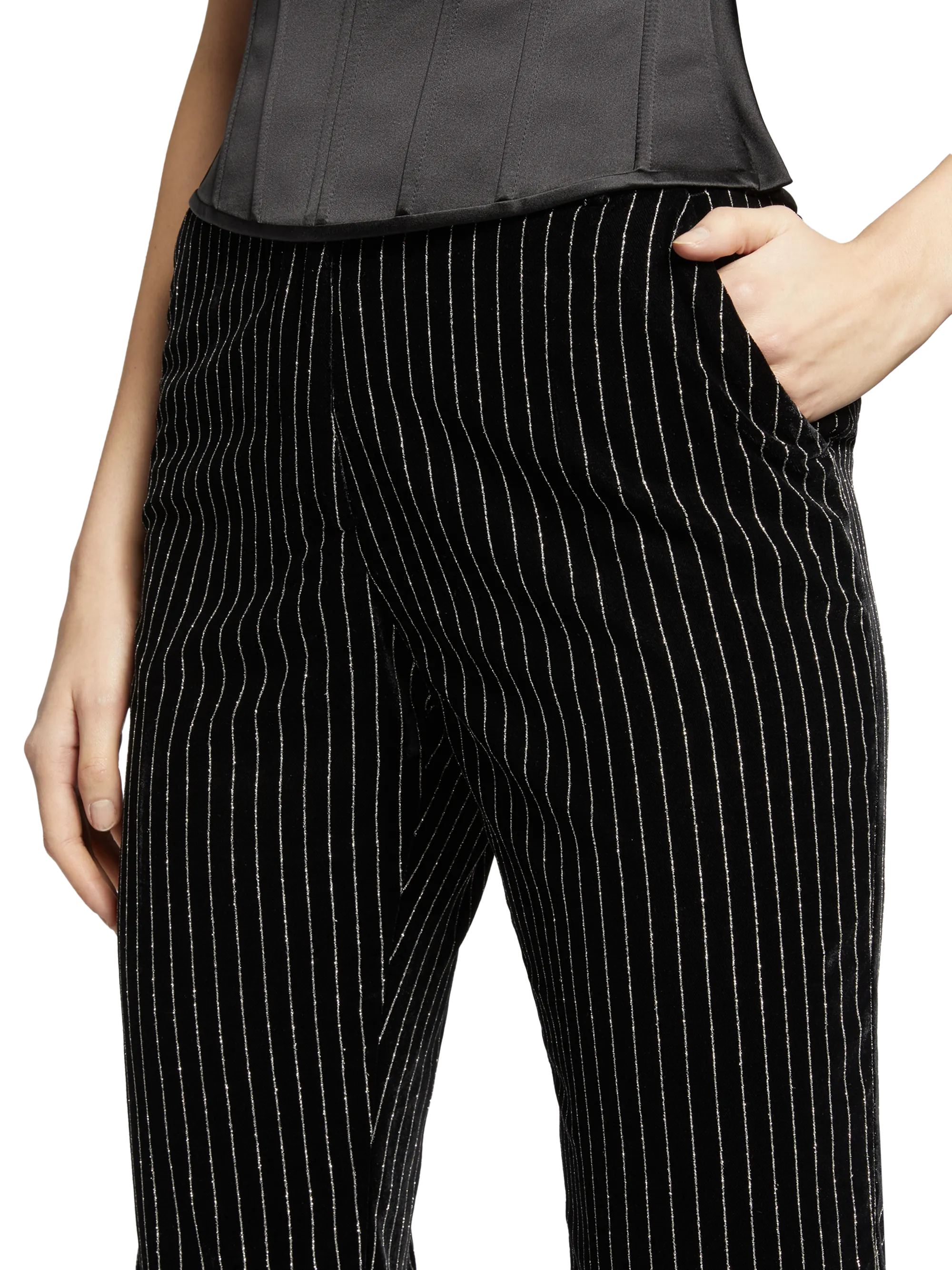 PINSTRIPE VELVET FLARE PANTS
