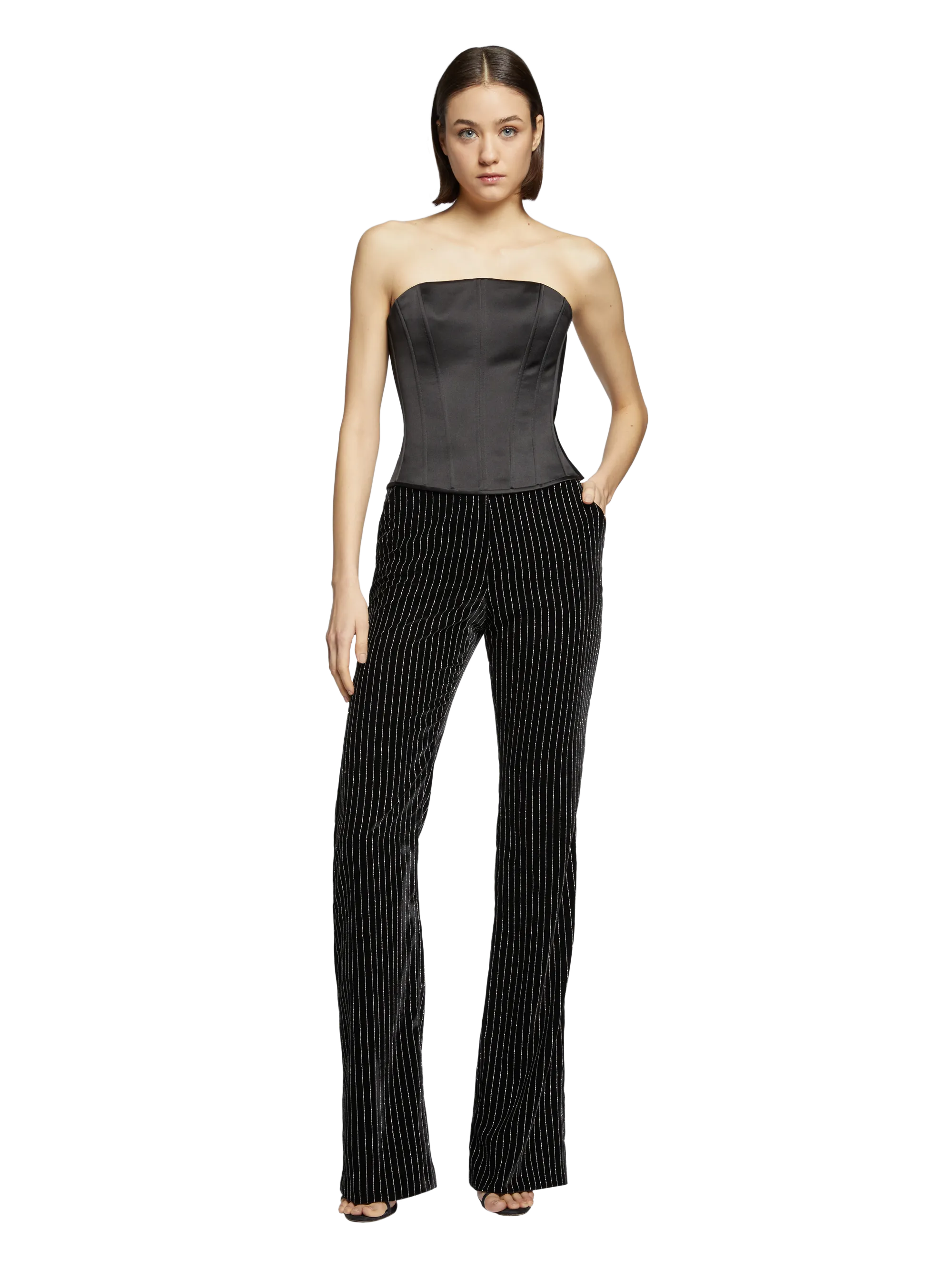 PINSTRIPE VELVET FLARE PANTS