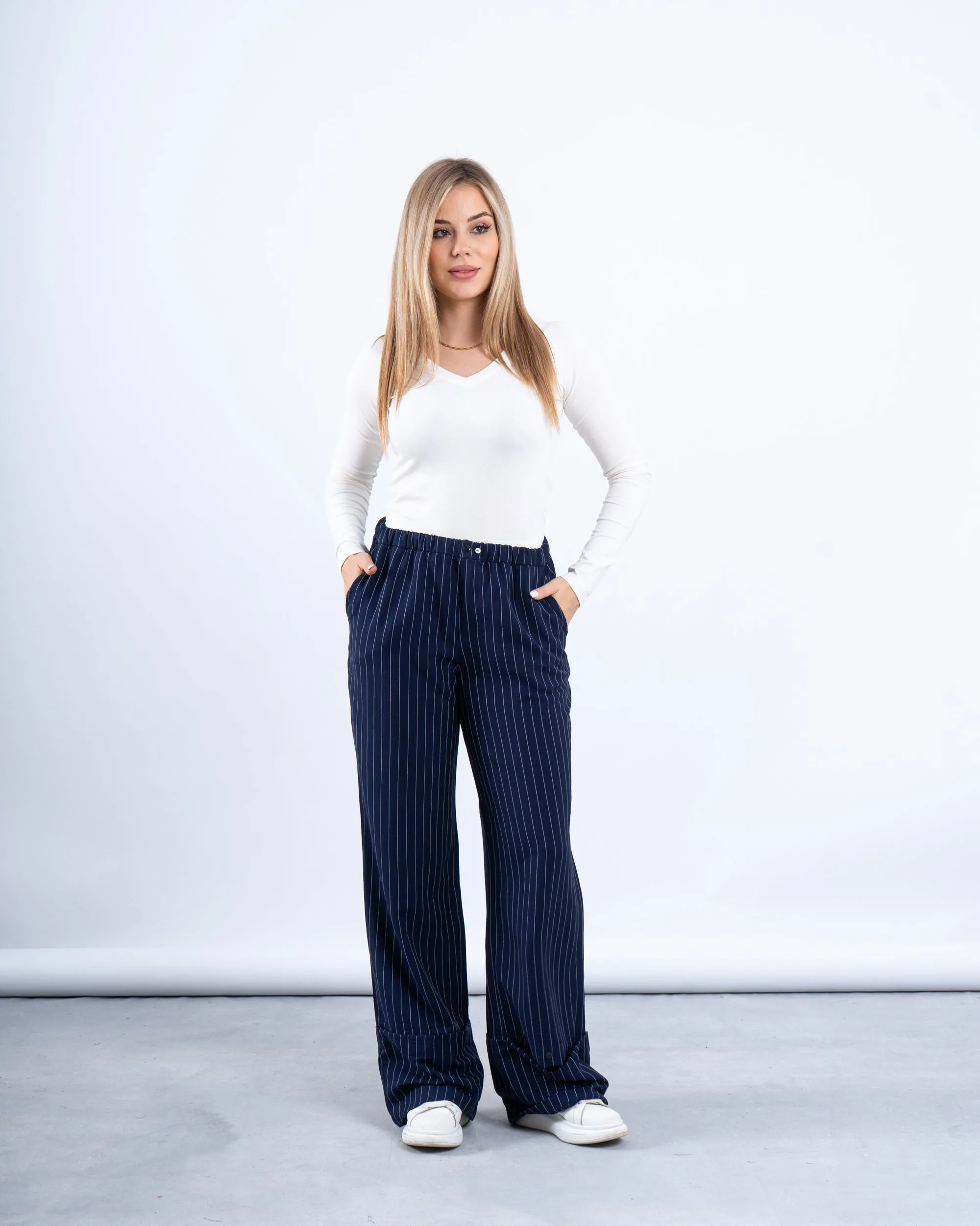Pinstripe Wide-Leg Pants
