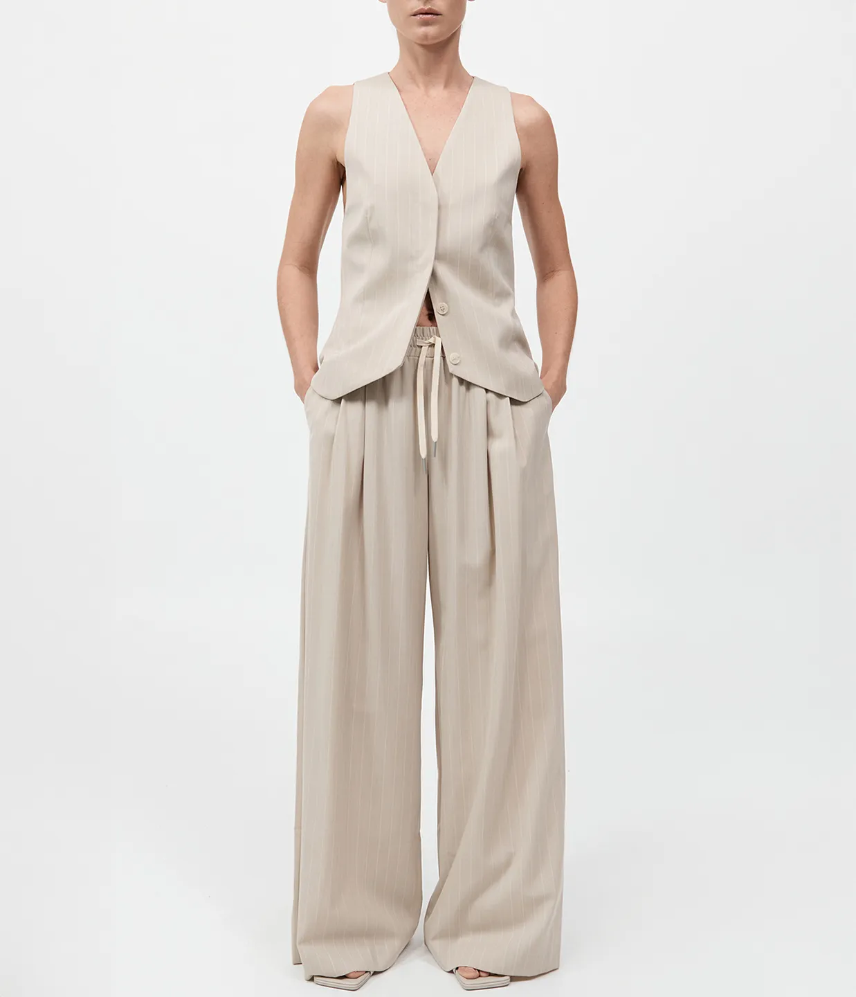Pinstripe Wool Vest in Latte