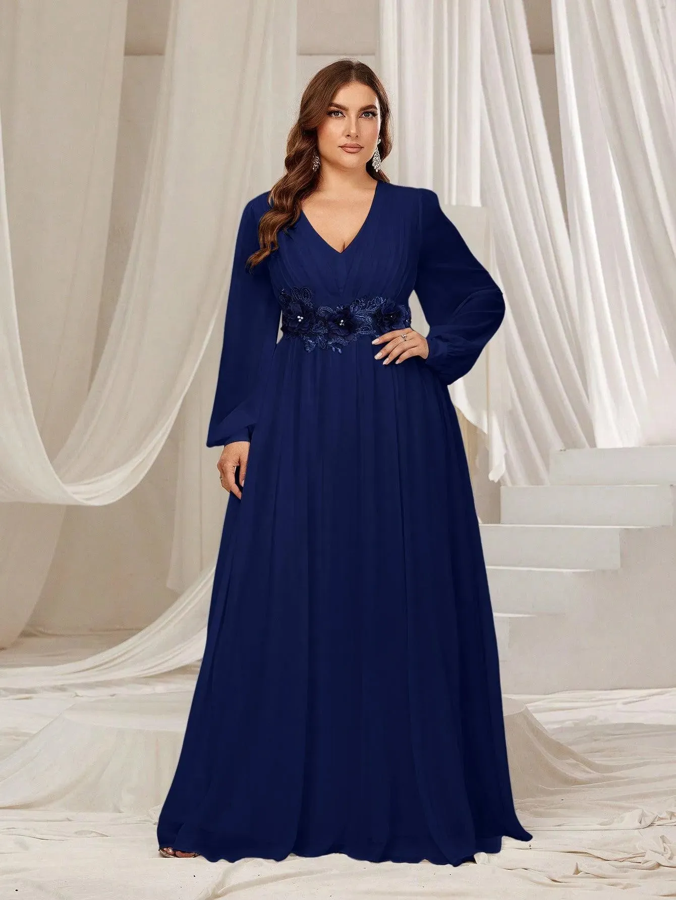 Plus Floral Applique Lantern Sleeves Chiffon Formal Dress