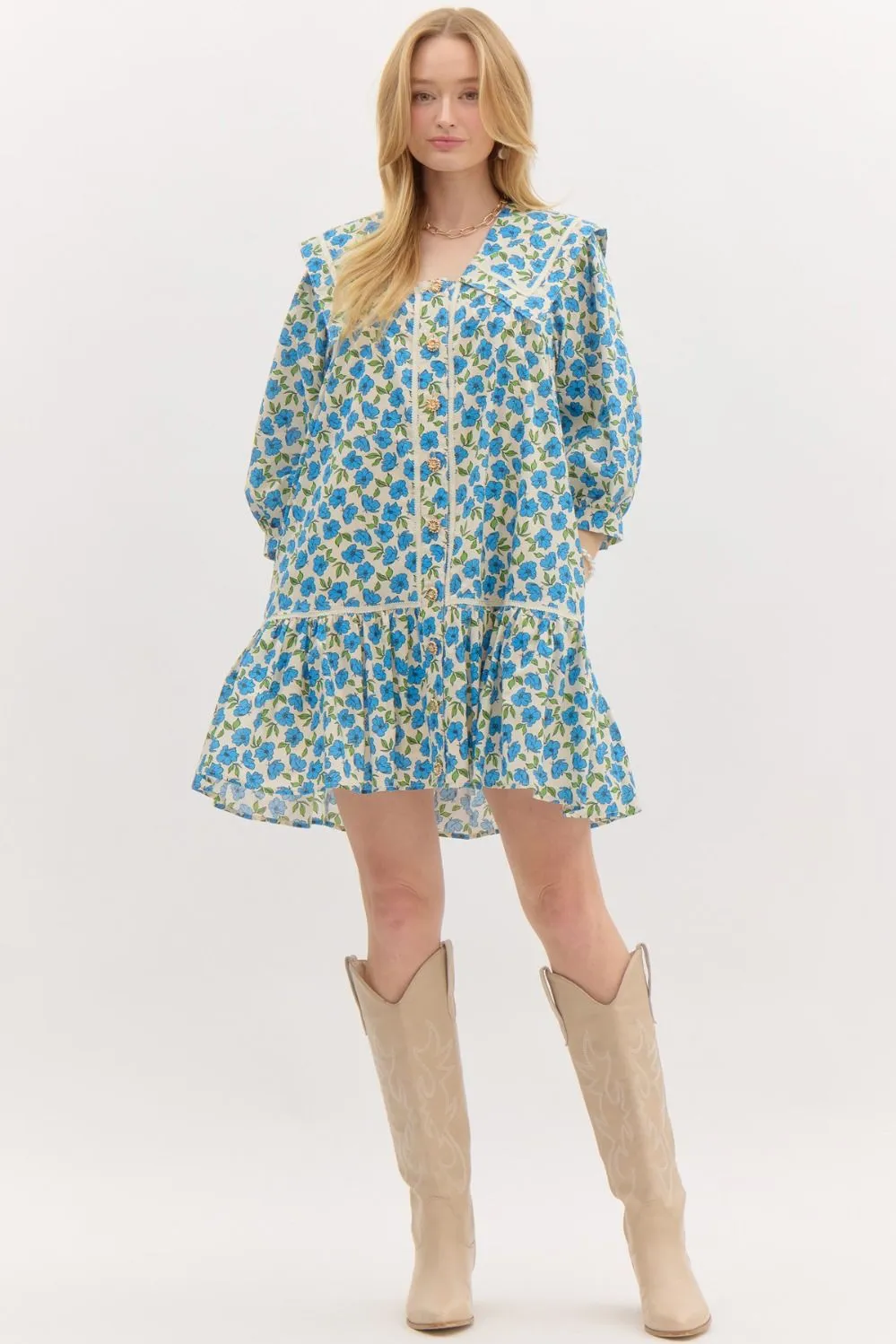 POPPY DROP WAIST DRESS IN BLUE FLORAL