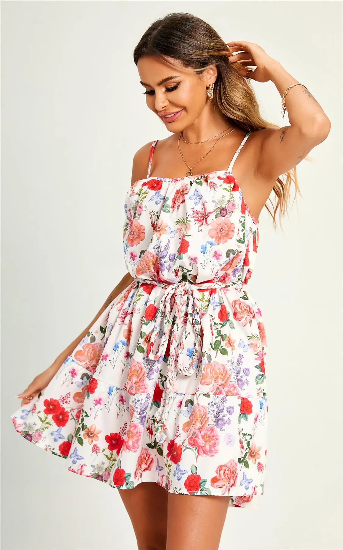 Pretty Flora Print Strappy Mini Dress In White