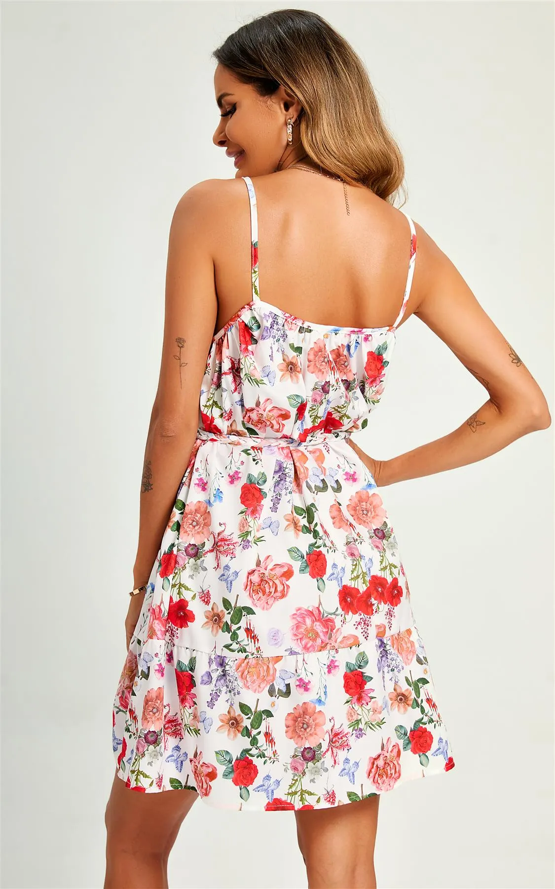 Pretty Flora Print Strappy Mini Dress In White