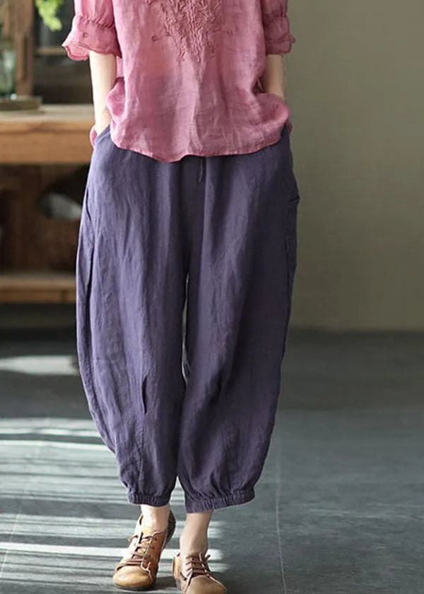 Purple Solid Linen Beam Pants Elastic Waist Wrinkled Summer