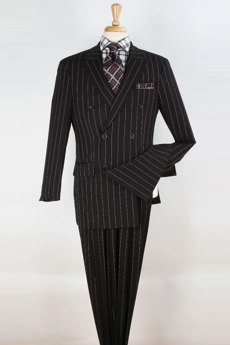 "Apollo King Men's Double Breasted 1920's Pinstripe Suit in Bold Black"