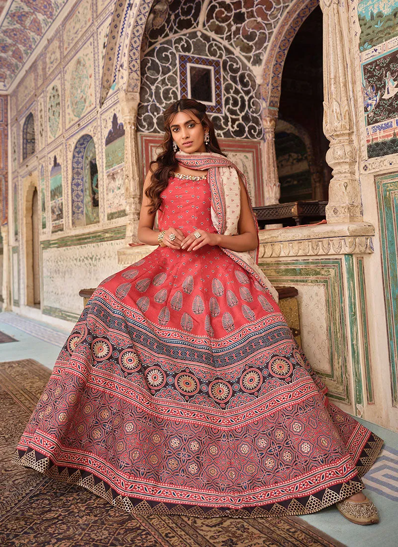 Red Stone Work Embroidery Ajrakh Printed Anarkali Gown