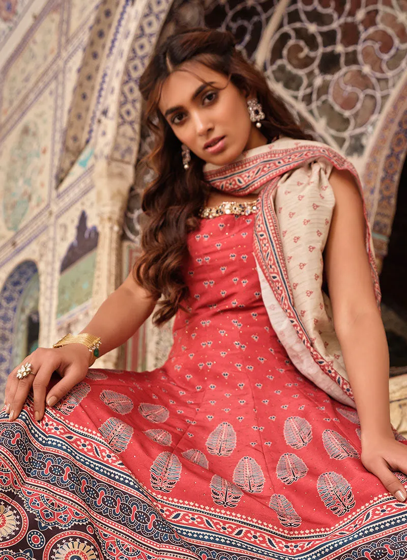 Red Stone Work Embroidery Ajrakh Printed Anarkali Gown
