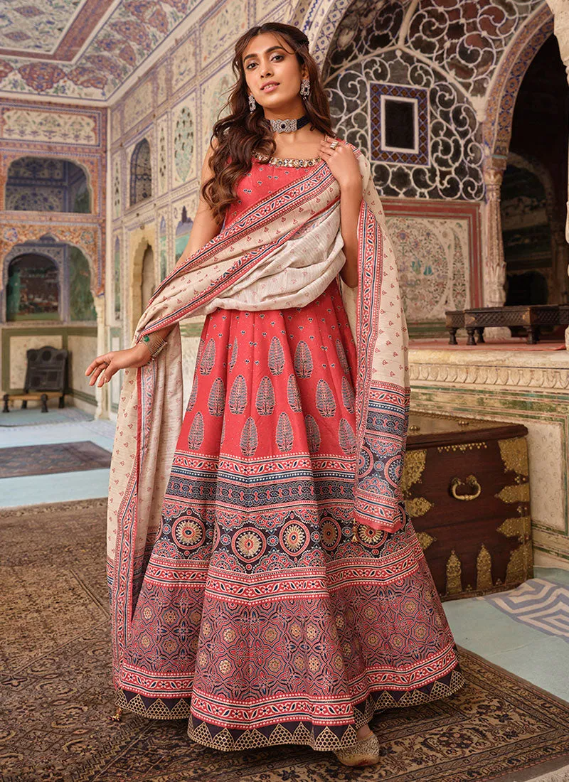 Red Stone Work Embroidery Ajrakh Printed Anarkali Gown