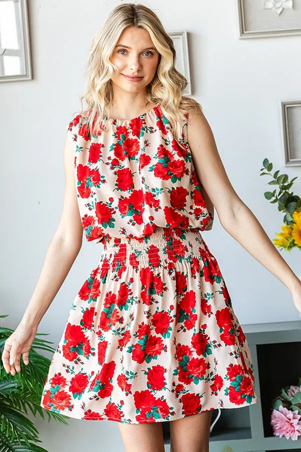 Rose Print Smocked Waist Dress