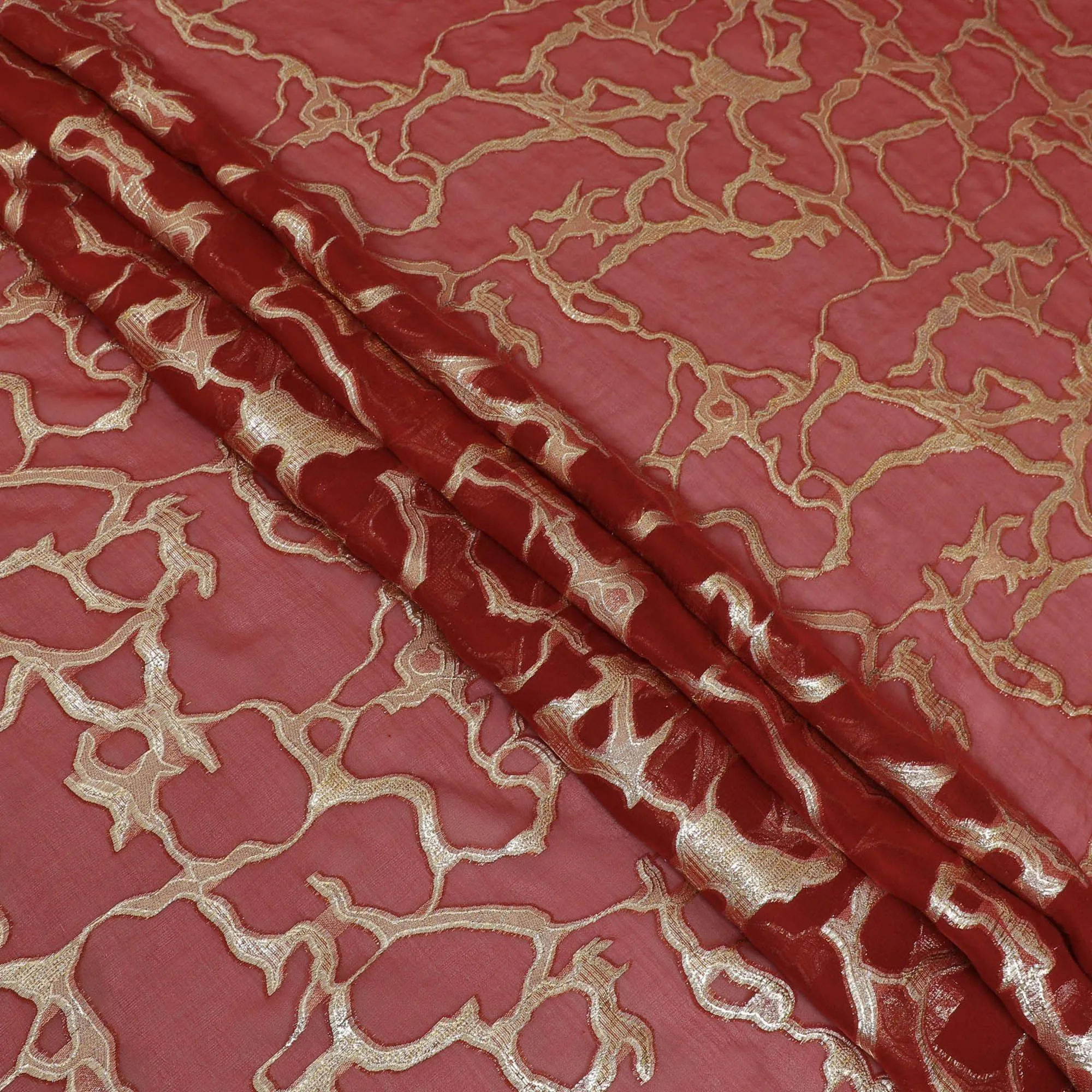 Rusty red Premium pure silk chiffon fabric with gold metallic lurex in abstract design-D13194