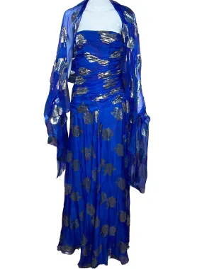 Scaasi 80s Blue Chiffon Strapless Gown with Matching Stole
