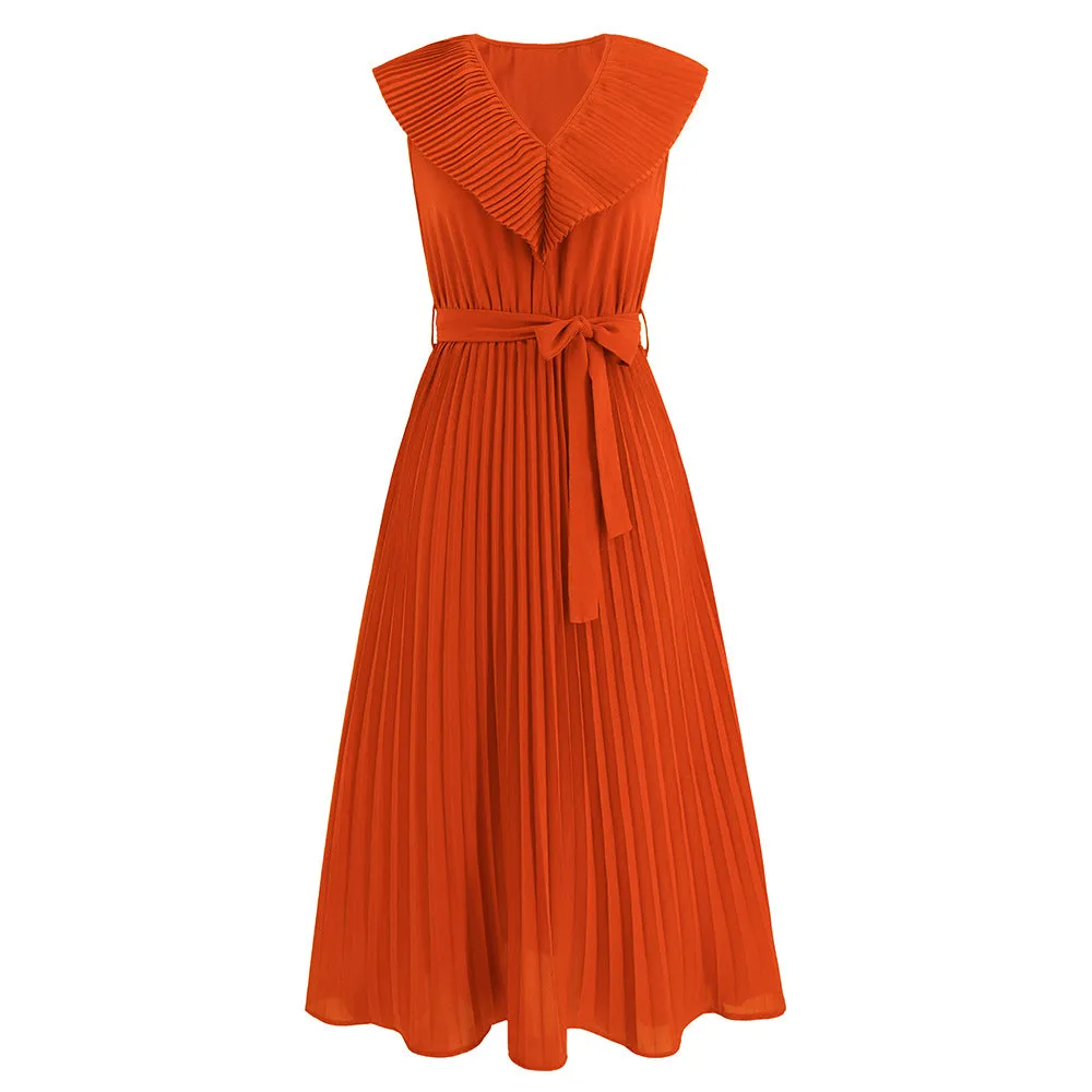 Sensational Full- Sleeve pleated V-neck Tie-Up Dress