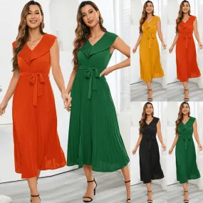 Sensational Full- Sleeve pleated V-neck Tie-Up Dress