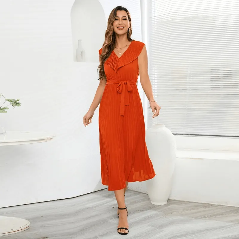 Sensational Full- Sleeve pleated V-neck Tie-Up Dress