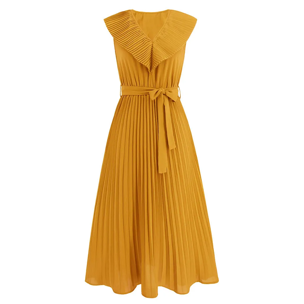 Sensational Full- Sleeve pleated V-neck Tie-Up Dress