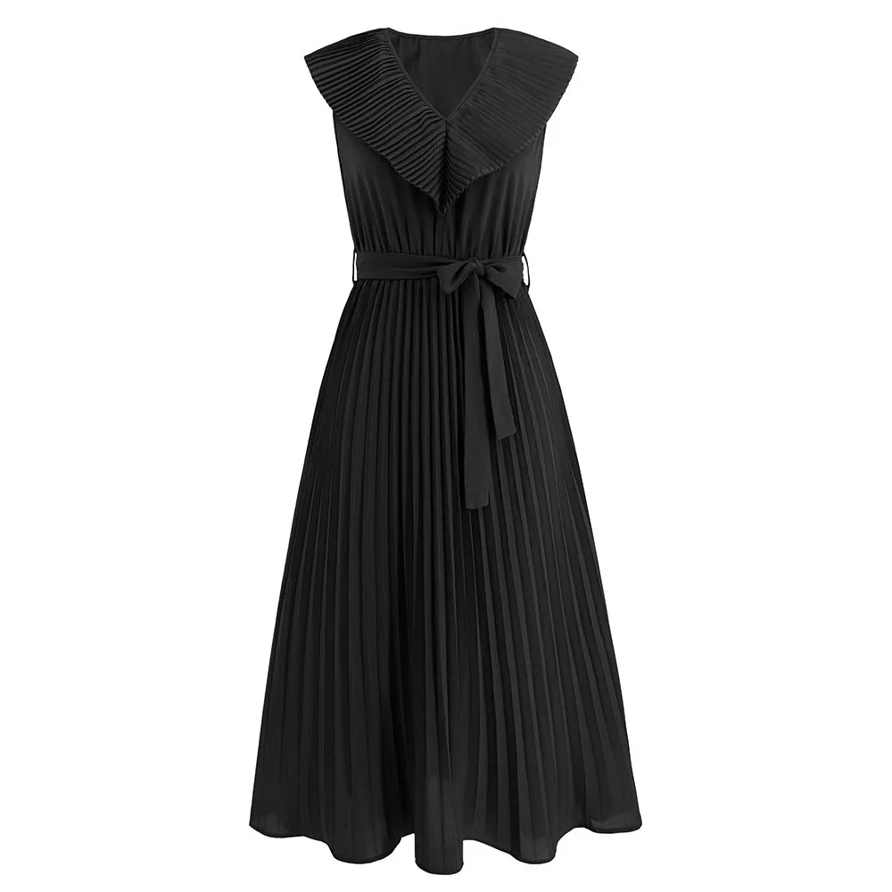 Sensational Full- Sleeve pleated V-neck Tie-Up Dress