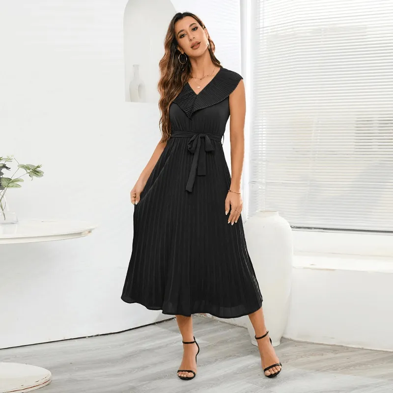 Sensational Full- Sleeve pleated V-neck Tie-Up Dress