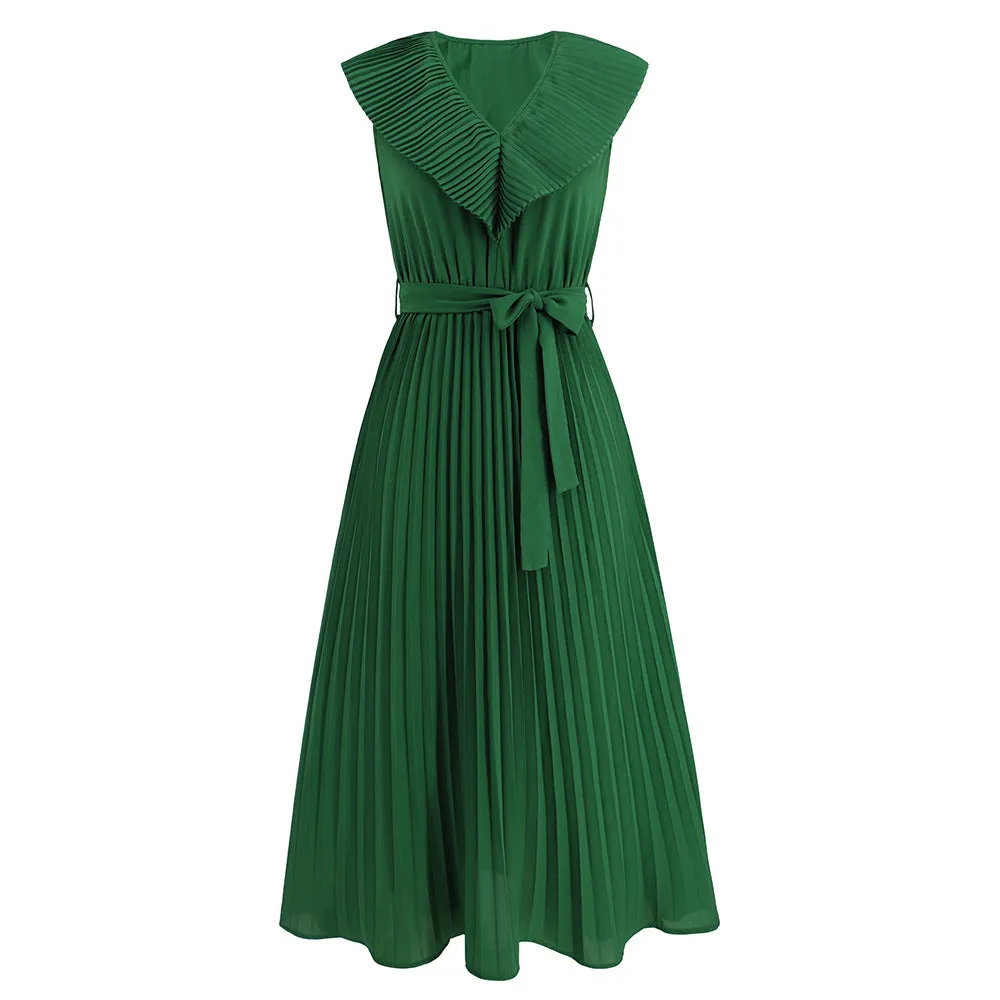 Sensational Full- Sleeve pleated V-neck Tie-Up Dress