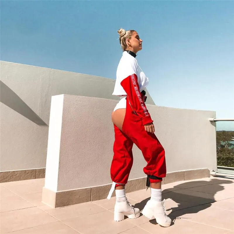 Sexy Red High Waist Buckle Elastic Ankle Pants