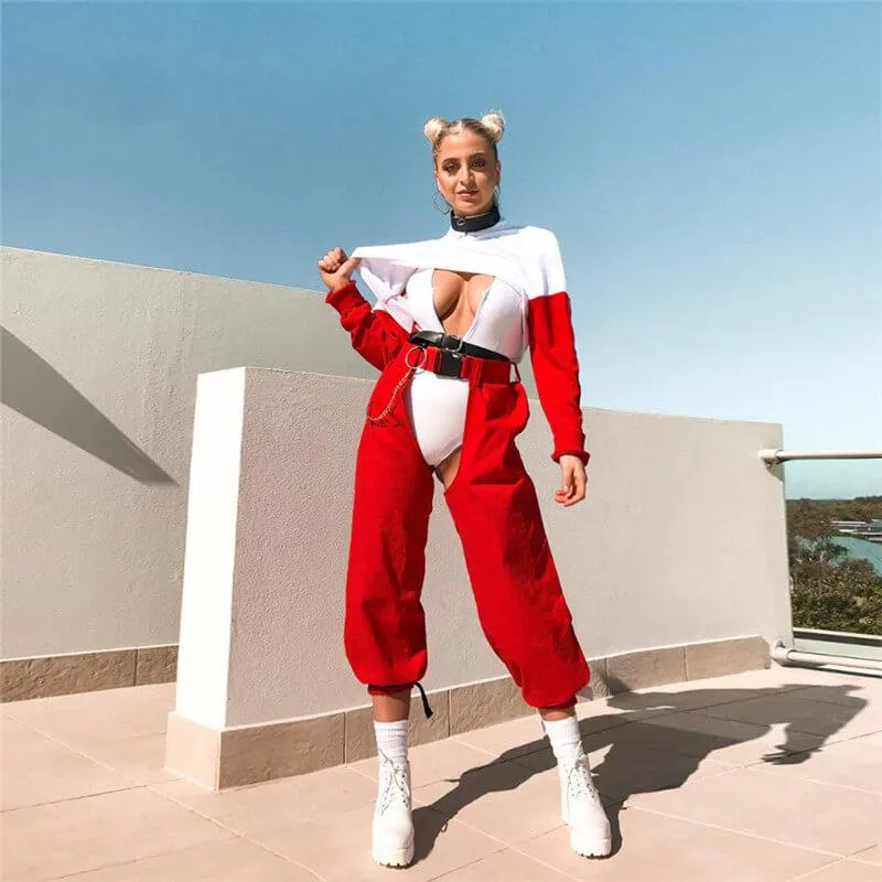 Sexy Red High Waist Buckle Elastic Ankle Pants