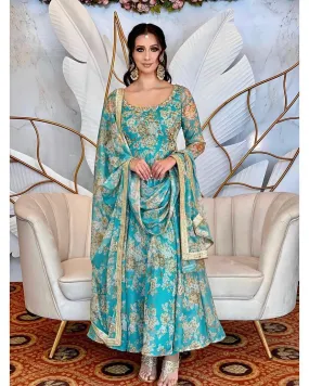 Sky Blue Floral Printed Anarkali Gown in Faux Georgette