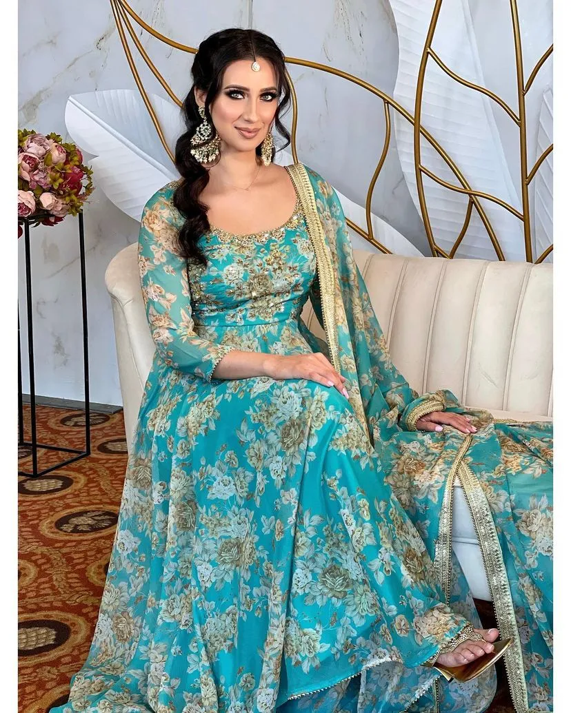 Sky Blue Floral Printed Anarkali Gown in Faux Georgette
