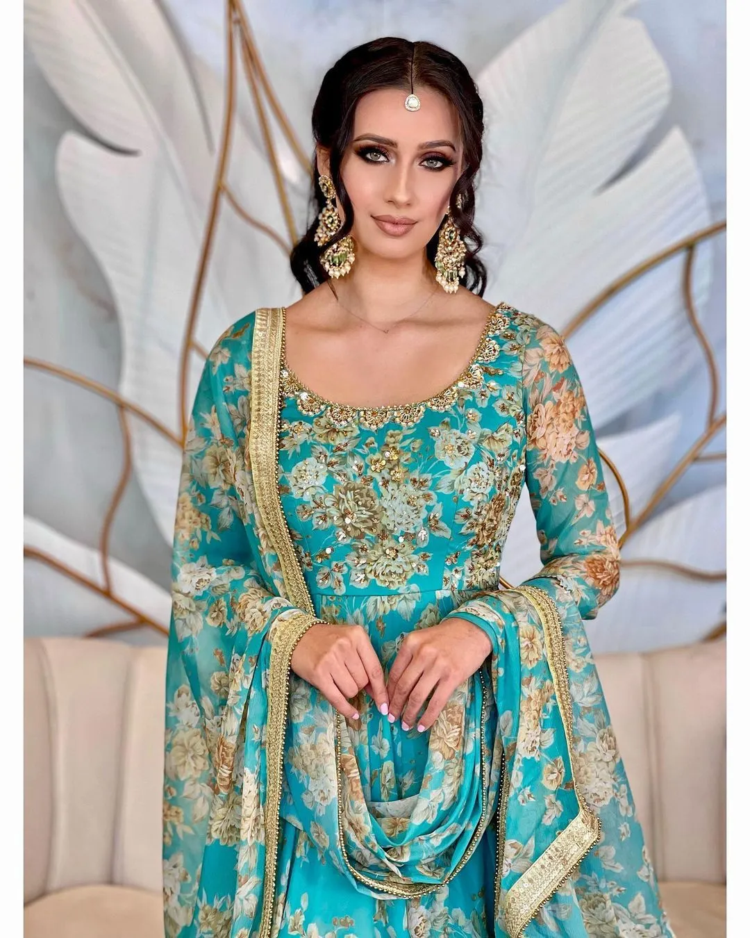 Sky Blue Floral Printed Anarkali Gown in Faux Georgette
