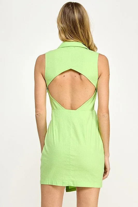 sleeveless collar surplice open back dress
