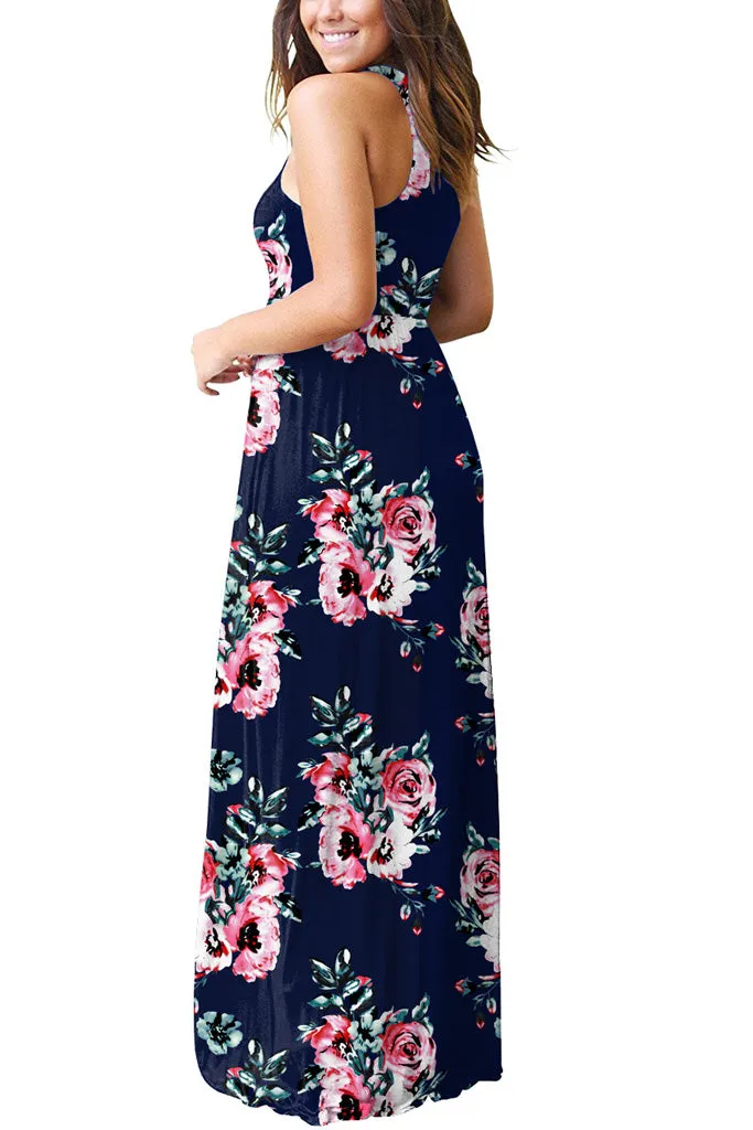 Sleeveless Racerback Loose Plain Maxi Dresses Casual Long Dresses with Pockets Floral