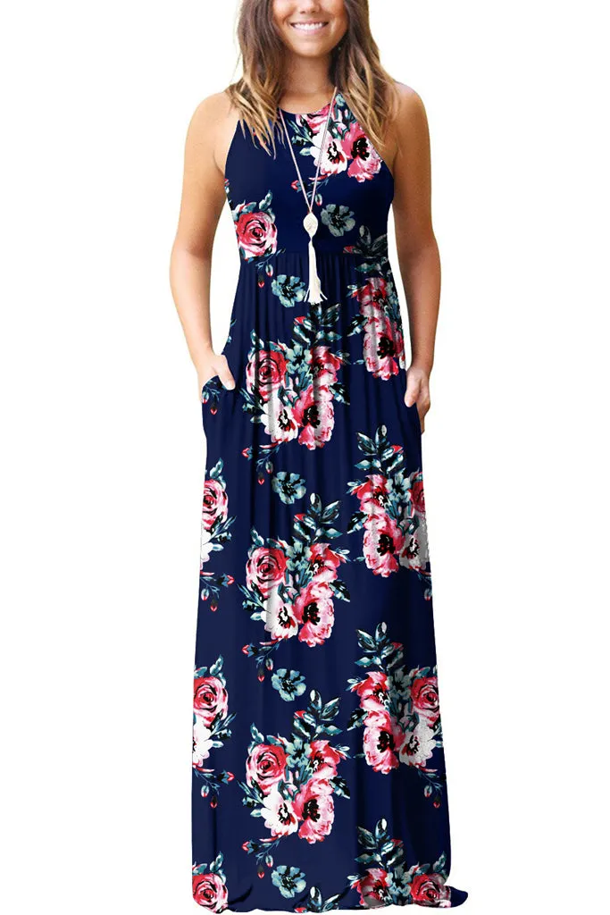 Sleeveless Racerback Loose Plain Maxi Dresses Casual Long Dresses with Pockets Floral