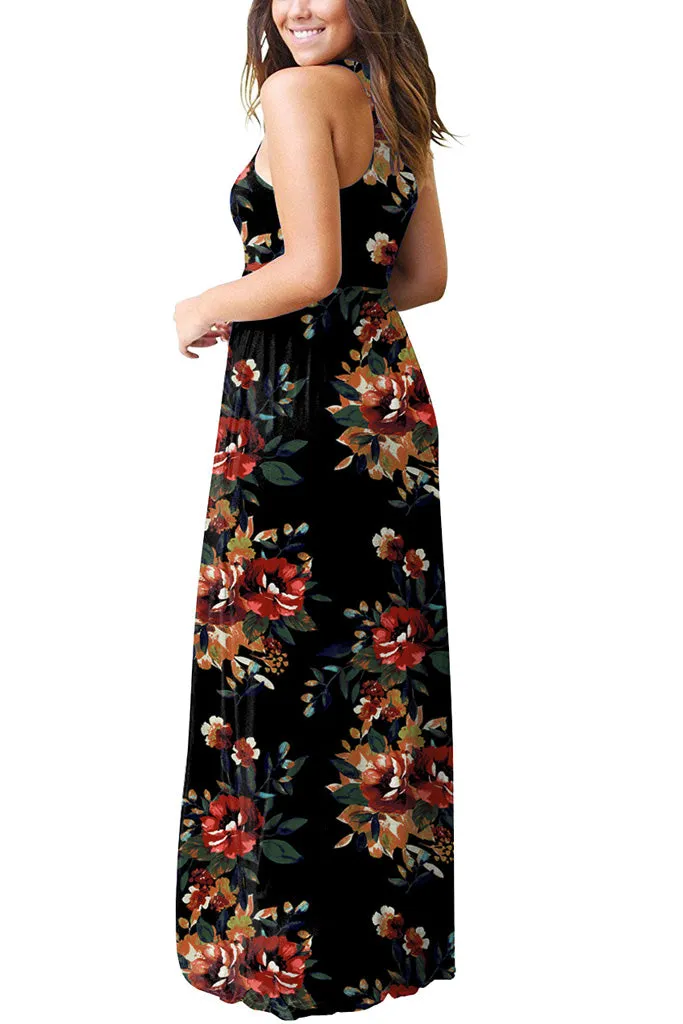 Sleeveless Racerback Loose Plain Maxi Dresses Casual Long Dresses with Pockets Floral