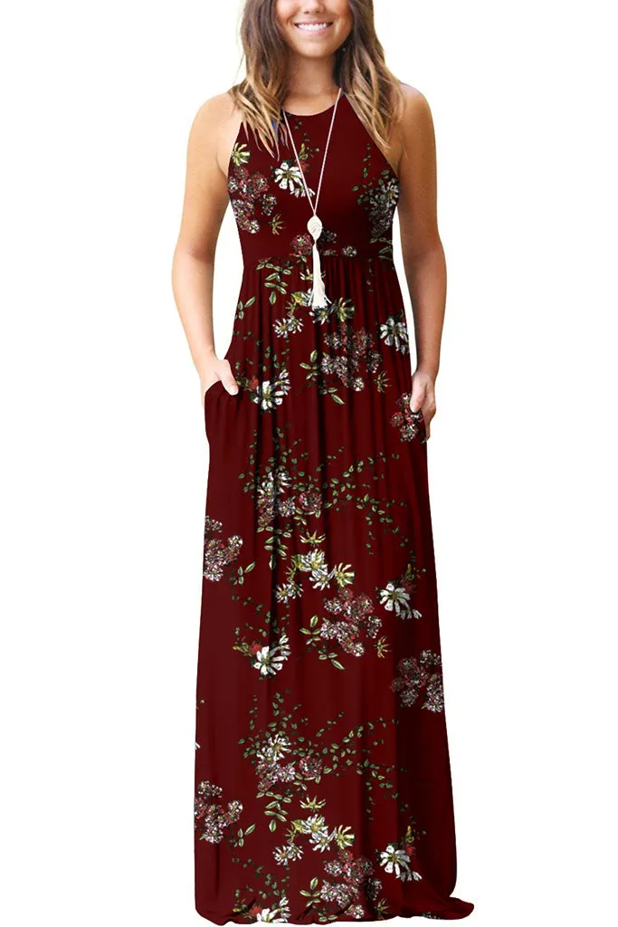 Sleeveless Racerback Loose Plain Maxi Dresses Casual Long Dresses with Pockets Floral