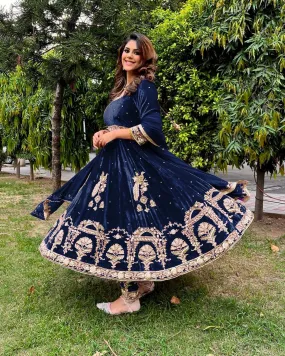 Stylish Blue Color Embroidery Work Velvet Gown