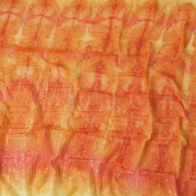 Tangerine orange & light yellow synthetic chiffon fabric with transparent sequins and embroidery in geometric design
