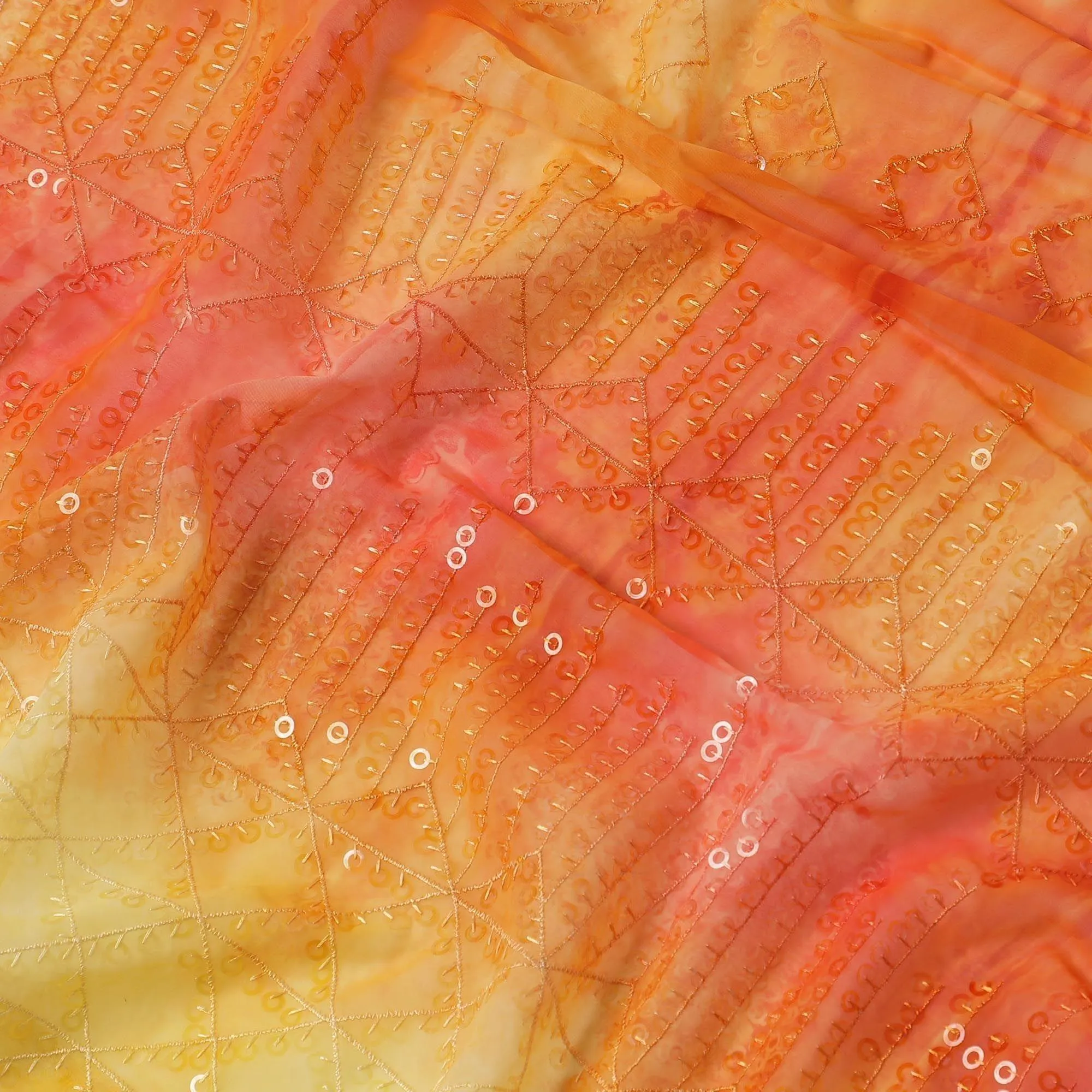 Tangerine orange & light yellow synthetic chiffon fabric with transparent sequins and embroidery in geometric design