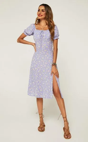 Tie Front Slip Leg Dress In Purple With Flora Print