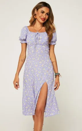 Tie Front Slip Leg Dress In Purple With Flora Print